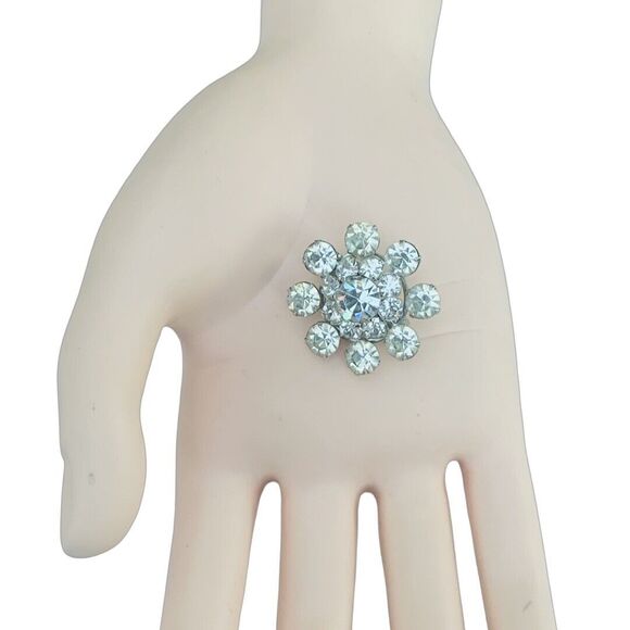 Vintage Silver Tone Flower Brooch Pin 1" Layered Snowflake Icy Rhinestone - Picture 2 of 7